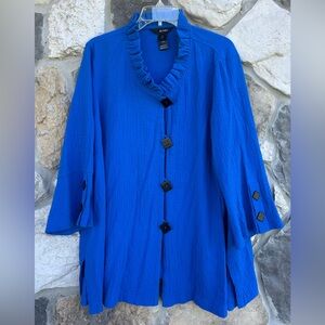 Ali Miles Tunic Top Blouse Size 1X Blue Button Up Artsy Lagenlook Modern Casual